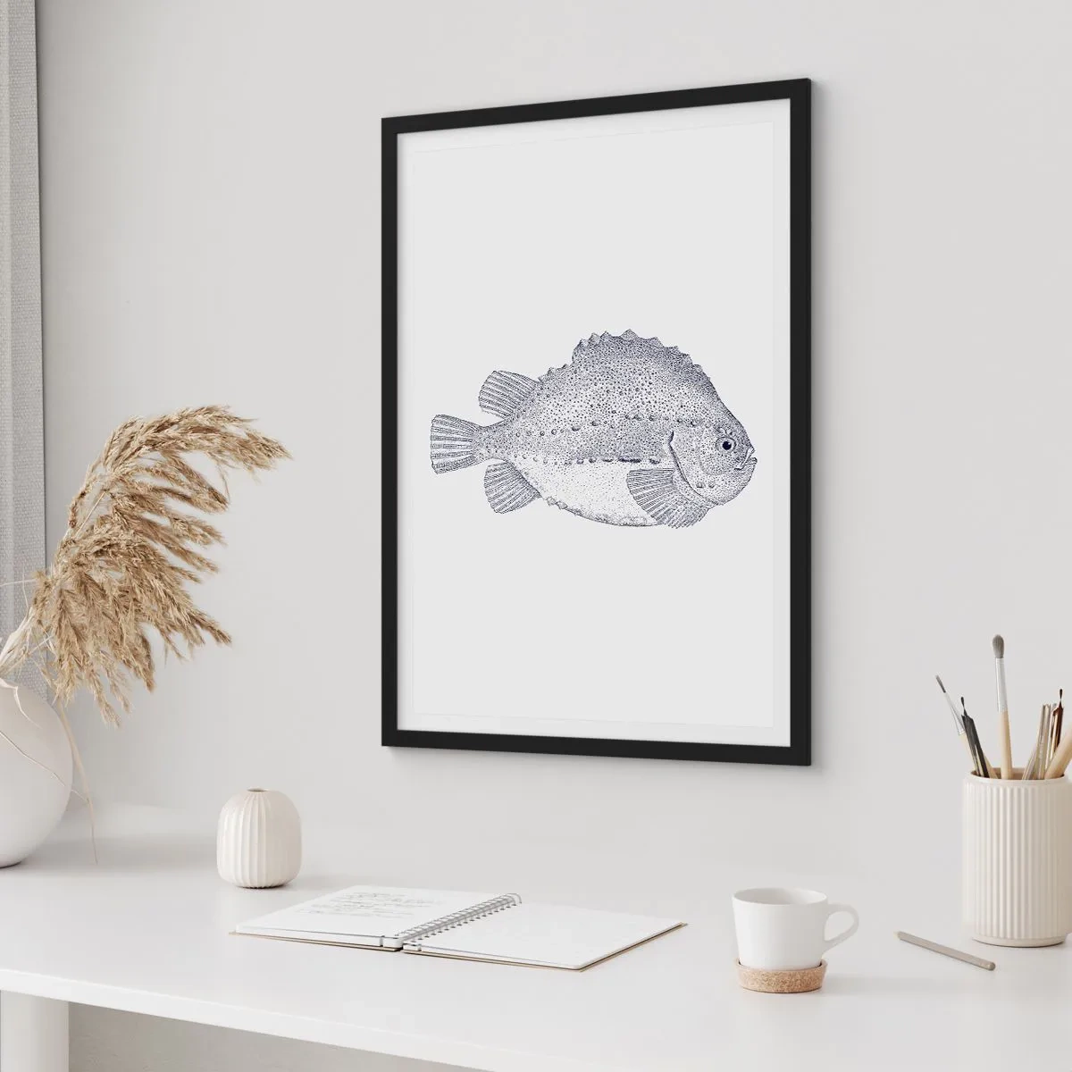 Plagát v čiernom ráme - Ilustrácia vintage rýb na svetlom pozadí - 50x70cm - Do albumu prírodovedca - Moderná nástenná dekorácia do obývacej izby a spálne ARTTOR