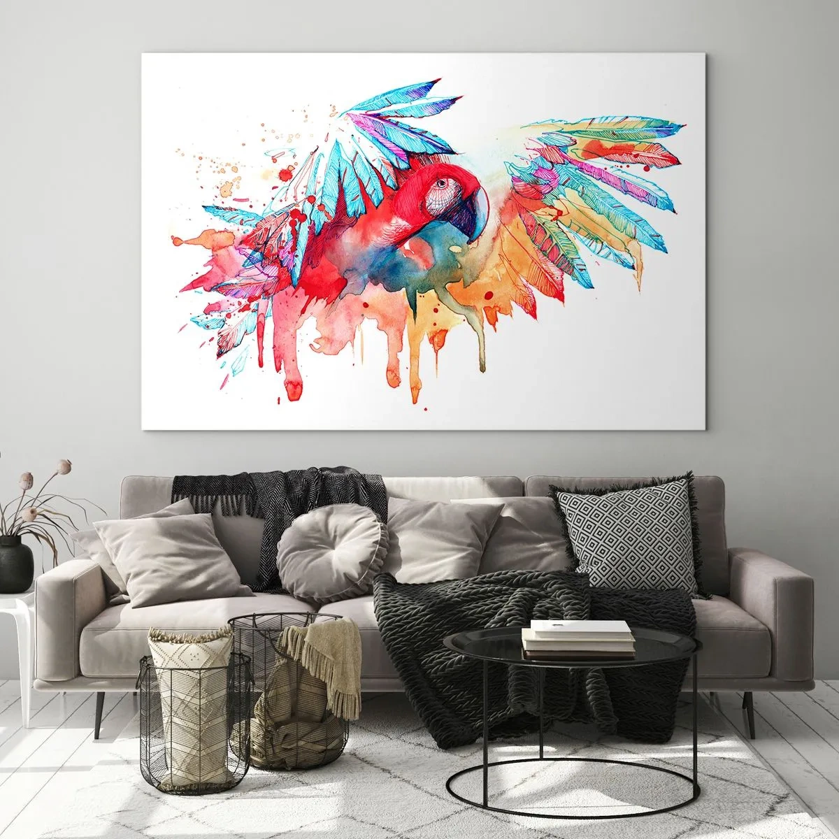 Obraz na skle - Farebný akvarelový papagáj s rozprestretými krídlami - 70x50cm - Farební papagáje - Moderná nástenná dekorácia do obývacej izby a spálne ARTTOR