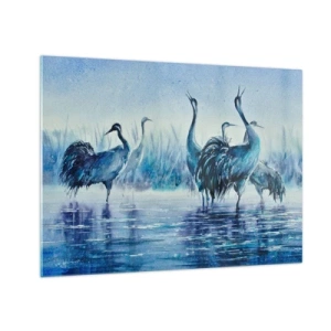Obraz na skle - Vtáky brodiace sa v modrej vode - 70x50cm - Ranné stretnutie - Moderná nástenná dekorácia do obývacej izby a spálne ARTTOR