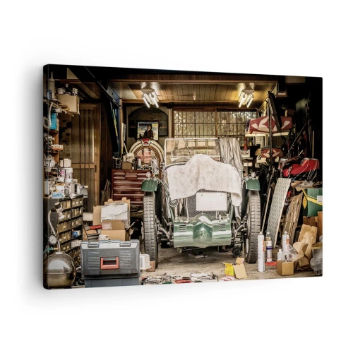 Obraz na plátne - Staré auto v garáži obklopené náradím a vybavením - 70x50cm - Späť do minulosti - Moderná nástenná dekorácia do obývacej izby a spálne ARTTOR