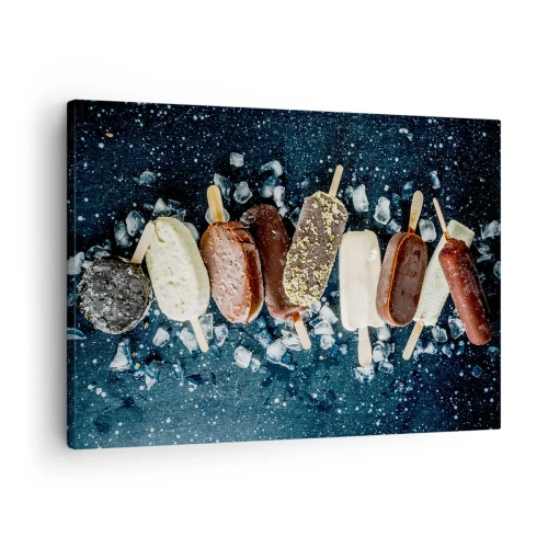 Obraz na plátne - Farebné nanuky usporiadané na ľade s tmavým pozadím - 70x50cm - Chuť horúceho leta - Moderná nástenná dekorácia do obývacej izby a spálne ARTTOR