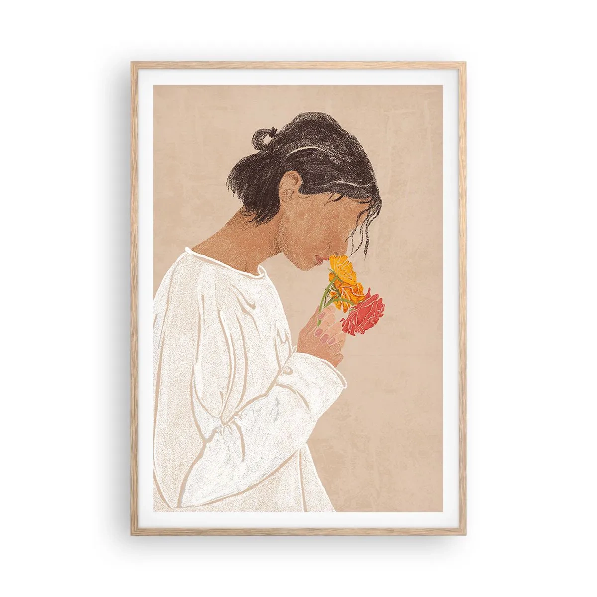 Plagát v ráme zo svetlého duba - Dievča a kvety - 70x100 cm