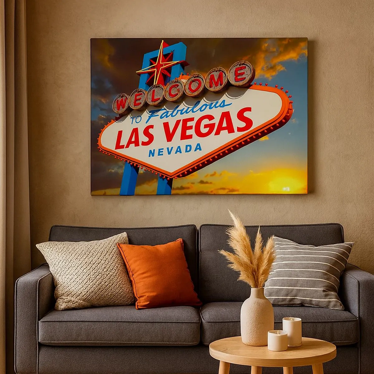 Obraz na plátne - Slávny nápis Vitajte v úžasnom Las Vegas pri západe slnka - 70x50cm - Po úsmev osudu - Moderná nástenná dekorácia do obývacej izby a spálne ARTTOR