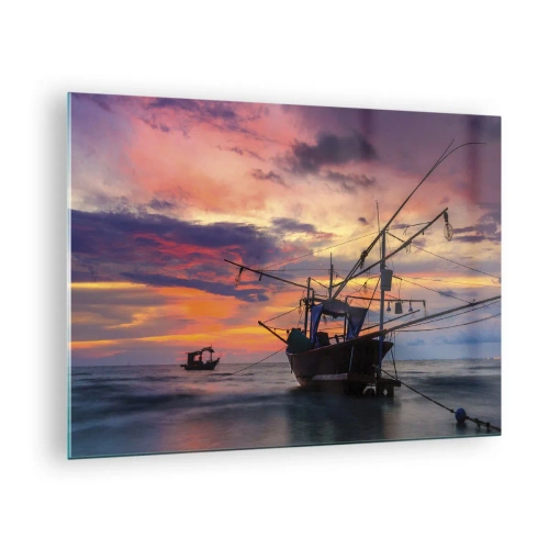 Obraz na skle - Rybárske lode na mori pri západe slnka - 70x50cm - Exotický večer - Moderná nástenná dekorácia do obývacej izby a spálne ARTTOR