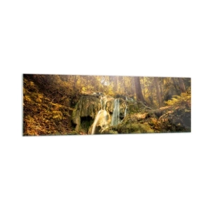 Obraz na skle - Lesný vodopád v zeleni - 160x50 cm