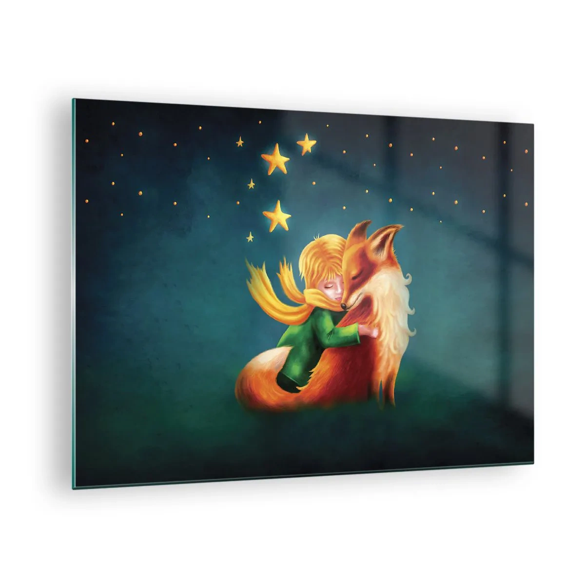 Obraz na skle - Malý princ objíma líšku pod hviezdnou oblohou - 70x50cm - Malý princ - Moderná nástenná dekorácia do obývacej izby a spálne ARTTOR