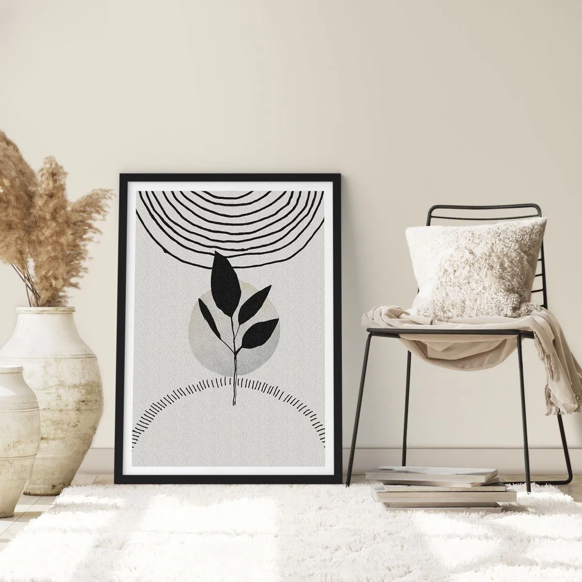 Plagát v čiernom ráme - Minimalistická ilustrácia listov s geometrickými vzormi - 50x70cm - Kompozícia: rituály prírody - Moderná nástenná dekorácia do obývacej izby a spálne ARTTOR