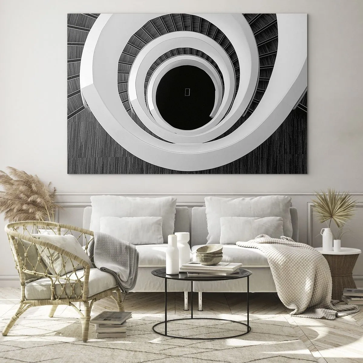 Obraz na skle - Čiernobiele točité schodisko zhora - 70x50cm - K podstate vecí - Moderná nástenná dekorácia do obývacej izby a spálne ARTTOR