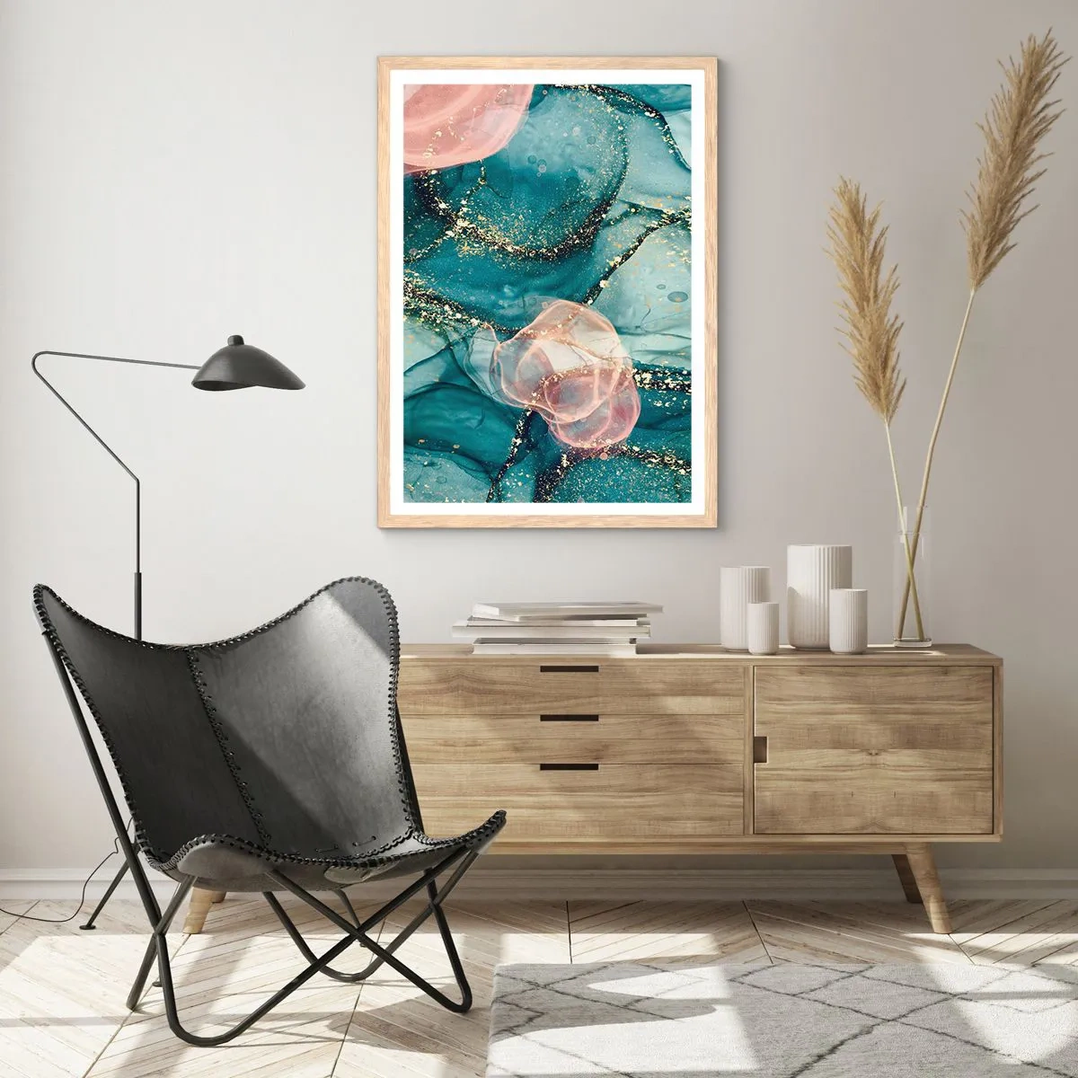 Plagát v ráme zo svetlého duba - Modré hodváb modré, ružový tyl - 70x100 cm