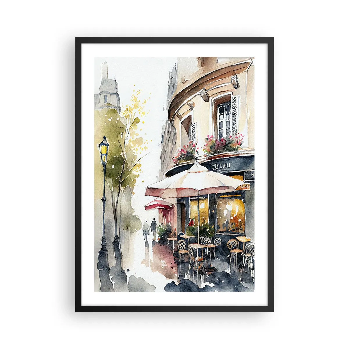 Plagát v čiernom ráme - Kaviareň na malebnej ulici v európskom štýle - 50x70cm - Parížske ráno - Moderná nástenná dekorácia do obývacej izby a spálne ARTTOR