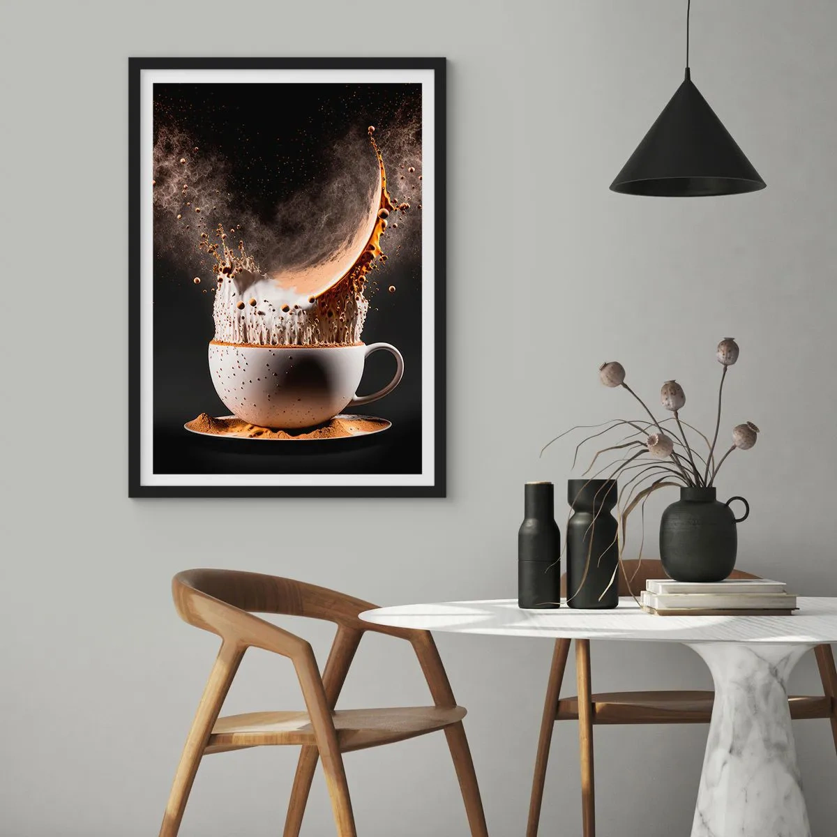 Plagát v čiernom ráme - Dynamická explózia kávy v šálke - 50x70cm - Explózia chuti - Moderná nástenná dekorácia do obývacej izby a spálne ARTTOR