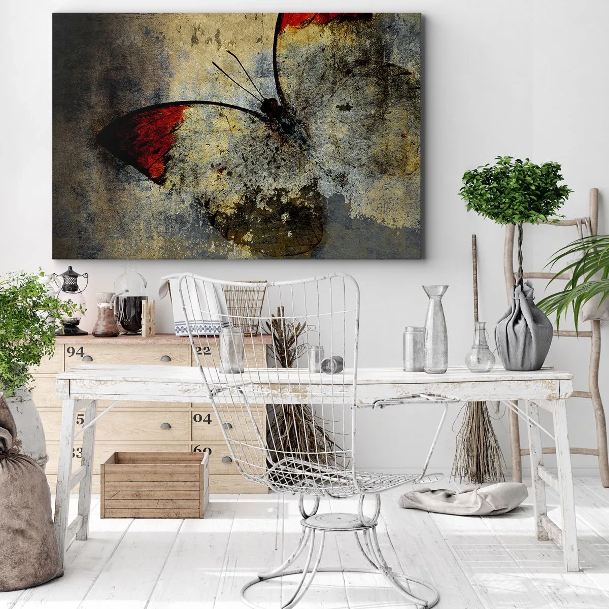 Obraz na plátne - Motýľ v odtieňoch červenej a sivej na textúrovanom pozadí - 70x50cm - Pozri, skôr ako zmiznem - Moderná nástenná dekorácia do obývacej izby a spálne ARTTOR
