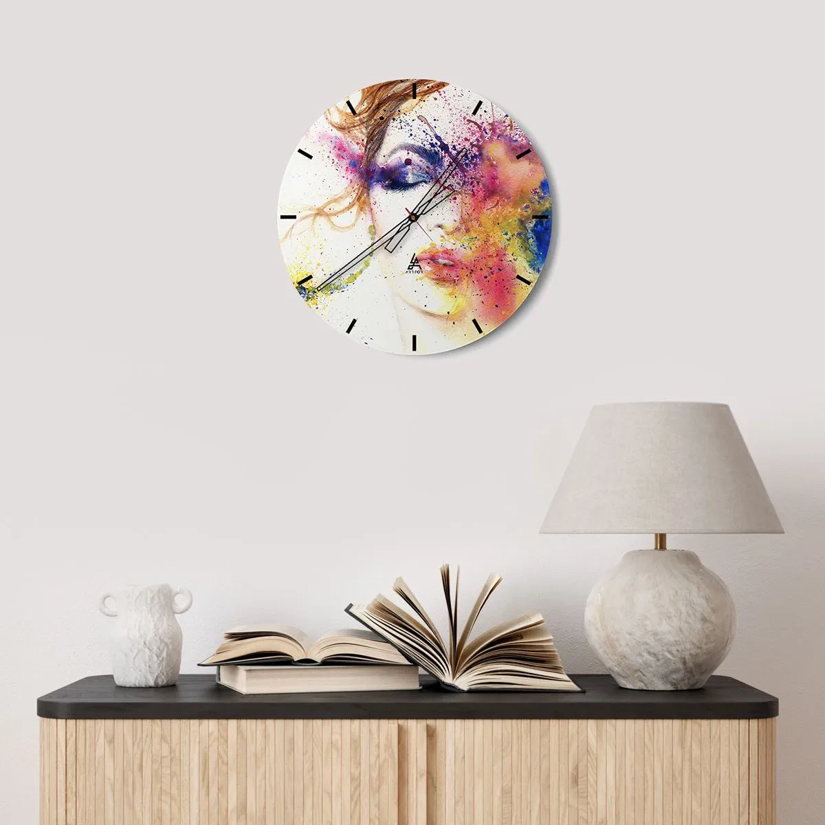 Nástenné hodiny - Abstraktný portrét ženy v dúhových farbách - 30x30cm - Dúhové závraty - Moderná nástenná dekorácia do obývacej izby, kuchyne a spálne ARTTOR