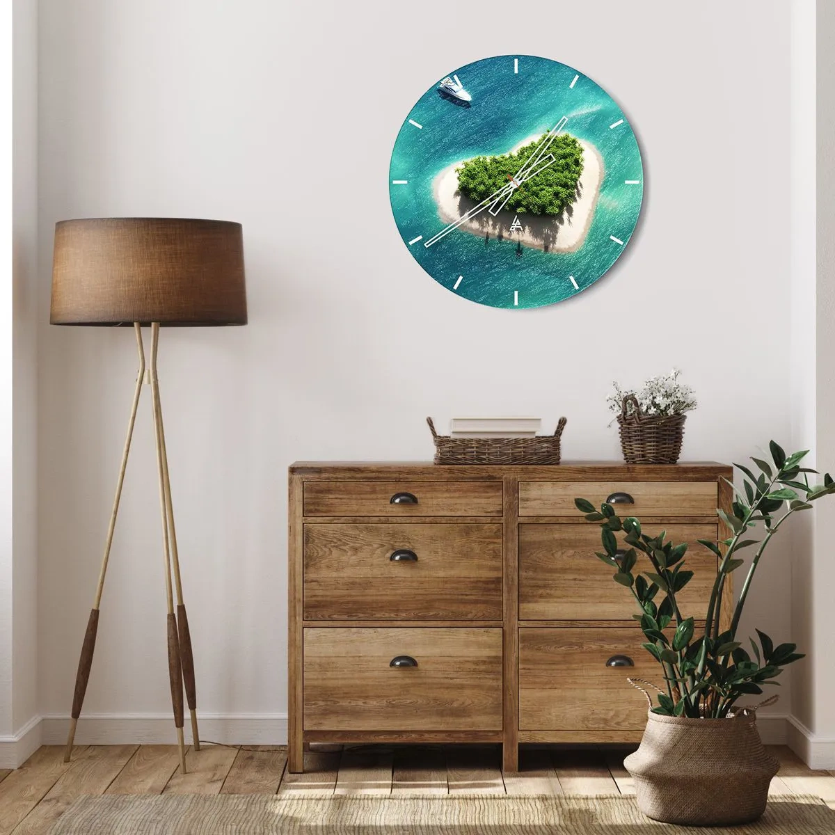 Nástenné hodiny - Ostrov v tvare srdca na pozadí tyrkysového mora - 30x30cm - Milujem leto - Moderná nástenná dekorácia do obývacej izby, kuchyne a spálne ARTTOR
