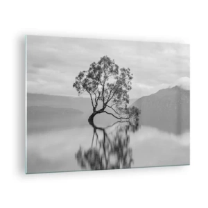 Obraz na skle - Osamelý strom na vode v čiernobielej krajine - 70x50cm - Existuje taká krajina - Moderná nástenná dekorácia do obývacej izby a spálne ARTTOR
