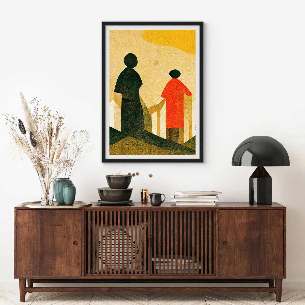 Plagát v čiernom ráme - Geometrické siluety postáv na pozadí abstraktnej krajiny - 50x70cm - Ešte veľmi ďaleko - Moderná nástenná dekorácia do obývacej izby a spálne ARTTOR