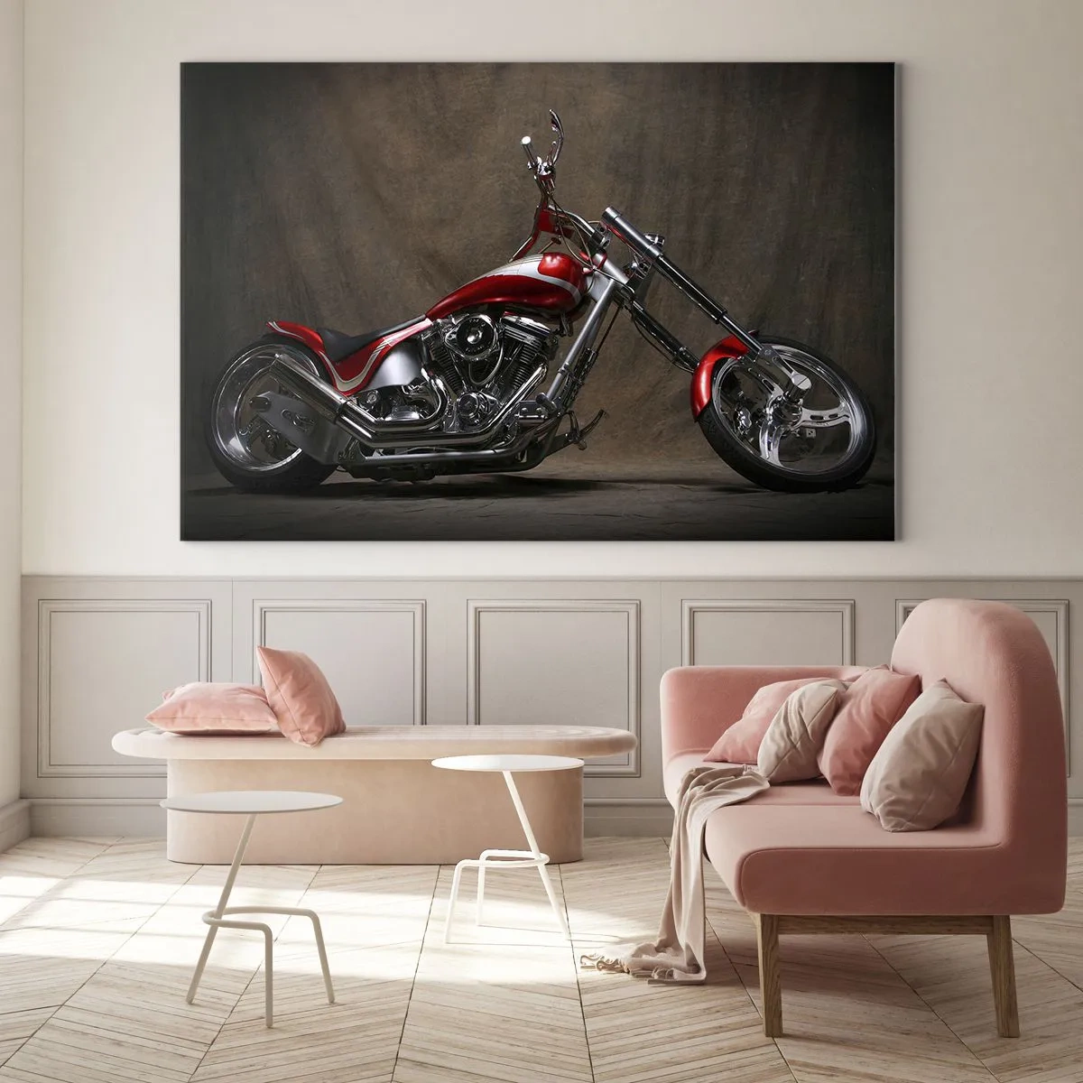 Obraz na skle - Červený zákazkový motocykel na tmavom pozadí - 70x50cm - Červeno-strieborná krása - Moderná nástenná dekorácia do obývacej izby a spálne ARTTOR