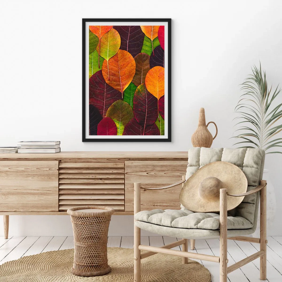 Plagát v čiernom ráme - Farebné listy v odtieňoch zelenej, oranžovej a červenej usporiadané do mozaikového vzoru - 50x70cm - Jesenná mozaika - Moderná nástenná dekorácia do obývacej izby a spálne ARTTOR