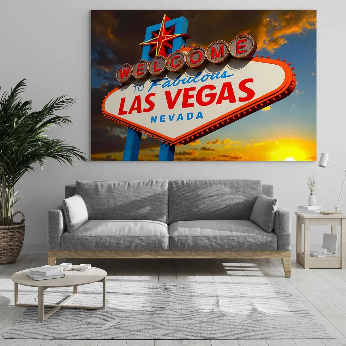 Obraz na skle - Uvítacia tabuľa Las Vegas proti zapadajúcemu slnku - 70x50cm - Po úsmev osudu - Moderná nástenná dekorácia do obývacej izby a spálne ARTTOR