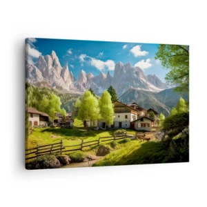 Obraz na plátne - Horská dedinka s domami a výhľadom na Alpy - 70x50cm - Alpská idyla - Moderná nástenná dekorácia do obývacej izby a spálne ARTTOR