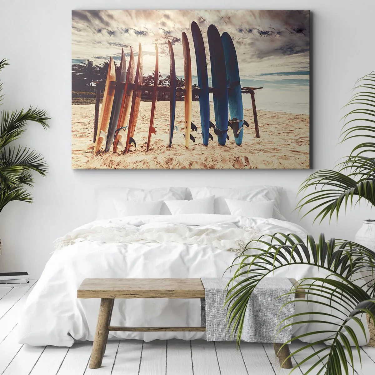 Obraz na plátne - Surfovacie dosky na pláži pri západe slnka - 70x50cm - Dobrú noc, tak zajtra. - Moderná nástenná dekorácia do obývacej izby a spálne ARTTOR