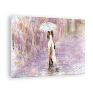 Obraz na skle - Postava ženy s dáždnikom v scéne s orgovánovým dažďom - 70x50cm - V ľaliovom daždi - Moderná nástenná dekorácia do obývacej izby a spálne ARTTOR
