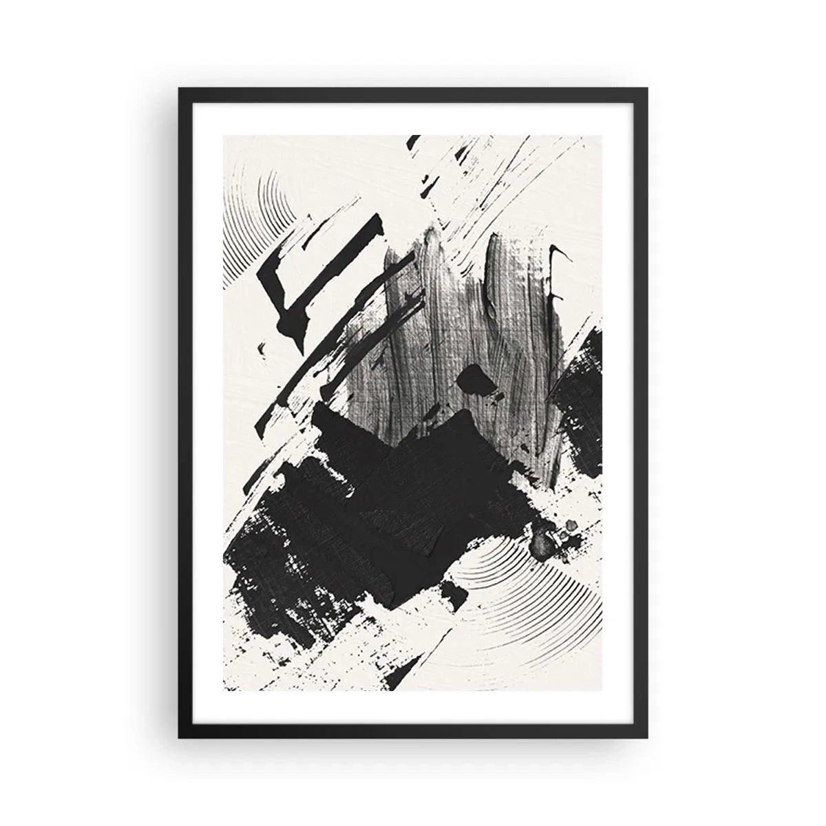 Plagát v čiernom ráme - Abstraktné čiernobiele ťahy štetcom - 50x70cm - Abstrakcia – expresia čiernej - Moderná nástenná dekorácia do obývacej izby a spálne ARTTOR