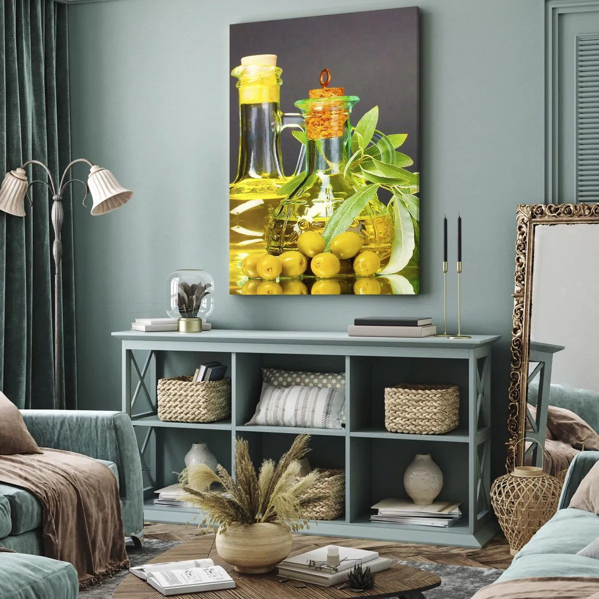 Obraz na plátne - Zátišie s olivami a olejom - 55x100 cm