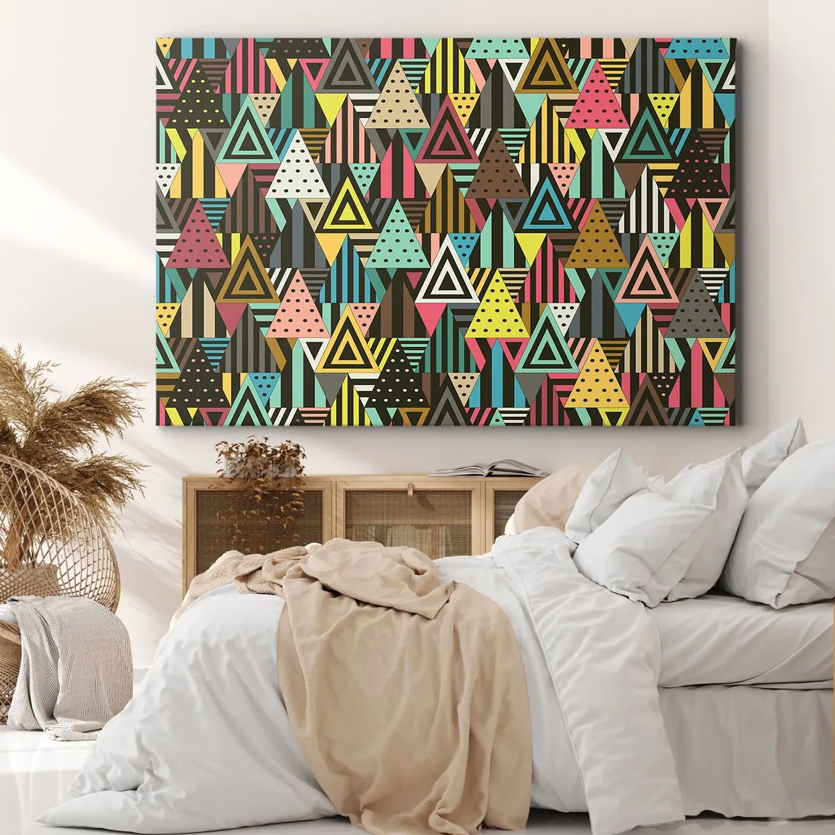 Obraz na plátne - Farebný geometrický vzor s trojuholníkmi a čiarami - 70x50cm - V rytme na tri - Moderná nástenná dekorácia do obývacej izby a spálne ARTTOR
