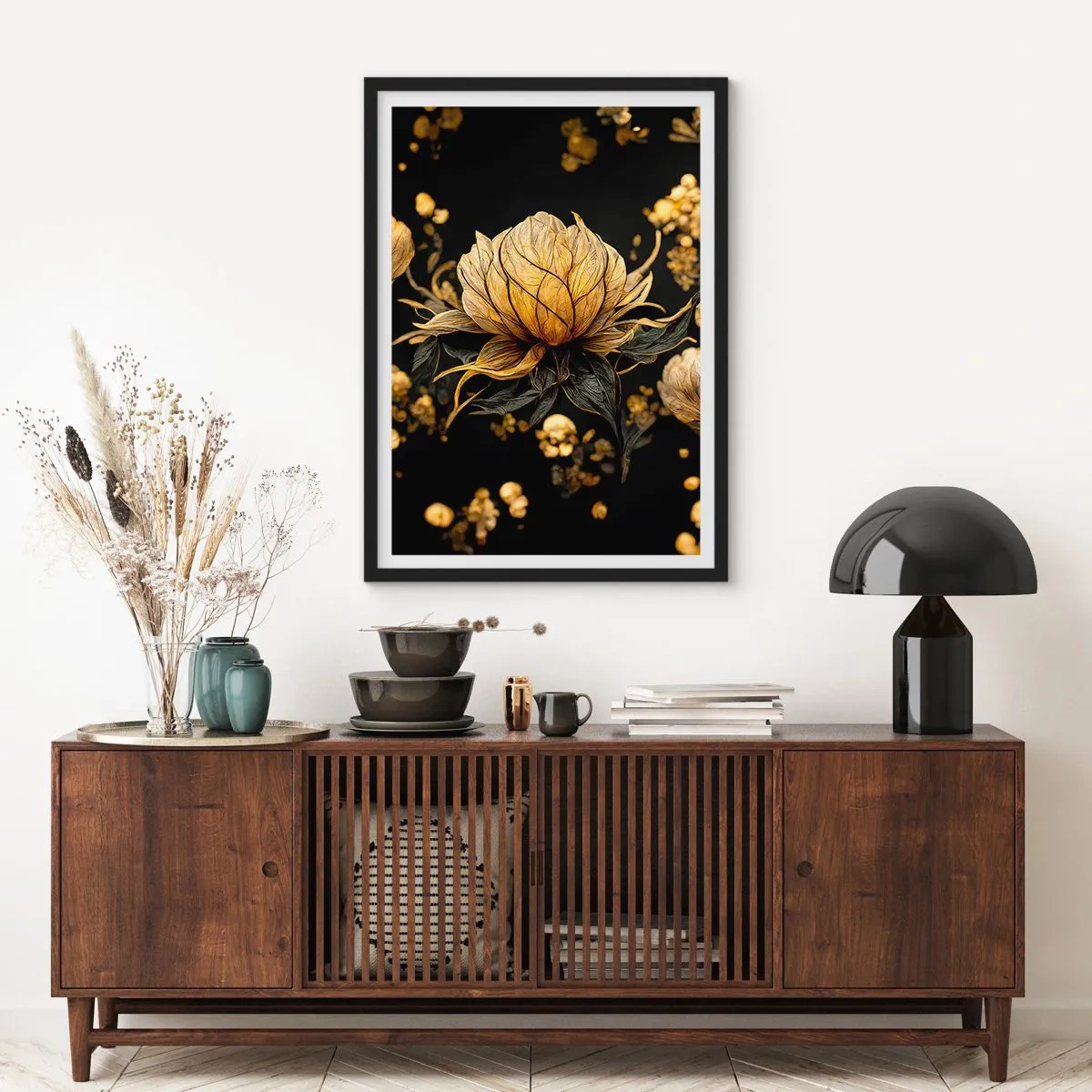 Plagát v čiernom ráme - Zlatý kvet na čiernom pozadí v elegantnej kompozícii - 50x70cm - Jemná krehkosť - Moderná nástenná dekorácia do obývacej izby a spálne ARTTOR