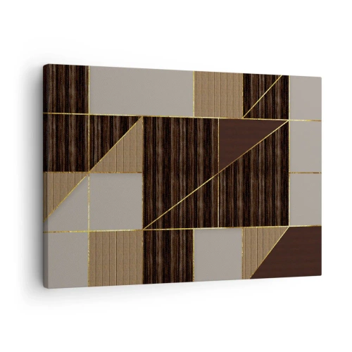Obraz na plátne - Geometrické vzory v odtieňoch hnedej so zlatými líniami - 70x50cm - Mozaika hnedej a zlatej - Moderná nástenná dekorácia do obývacej izby a spálne ARTTOR