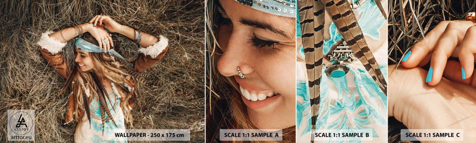 Vzorka samolepiacej fototapety Deluxe Sticker - Na ceste do leta lásky - Boho, Žena, Šperky - 100x30 cm