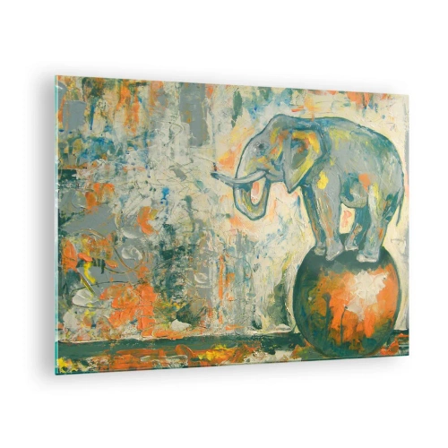 Obraz na skle - Abstraktný slon balansuje na lopte - 70x50cm - Nech žije cirkus! - Moderná nástenná dekorácia do obývacej izby a spálne ARTTOR