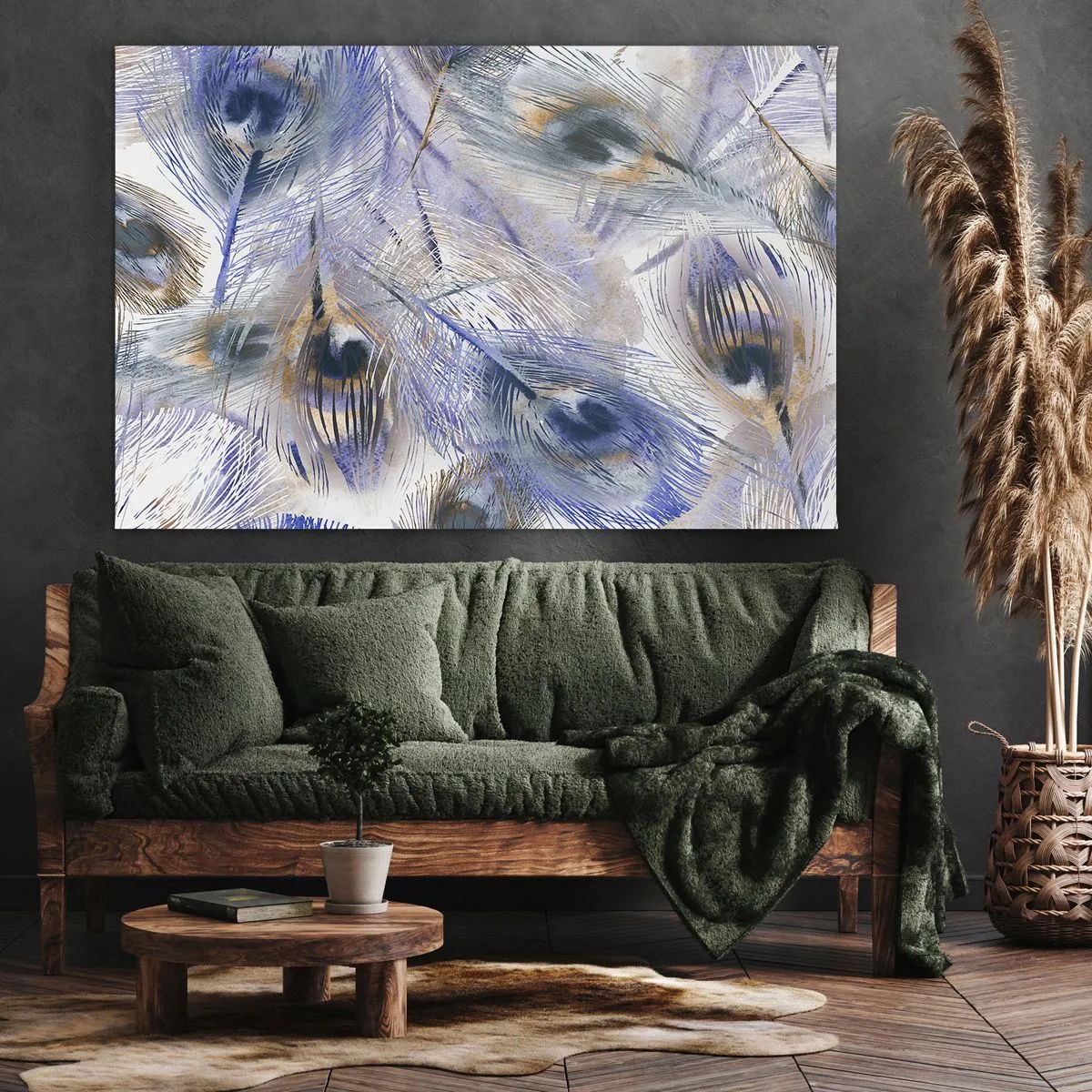 Obraz na plátne - Vzor s pávími perami v odtieňoch modrej a zlatej - 70x50cm - Kompozícia pávieho oka - Moderná nástenná dekorácia do obývacej izby a spálne ARTTOR
