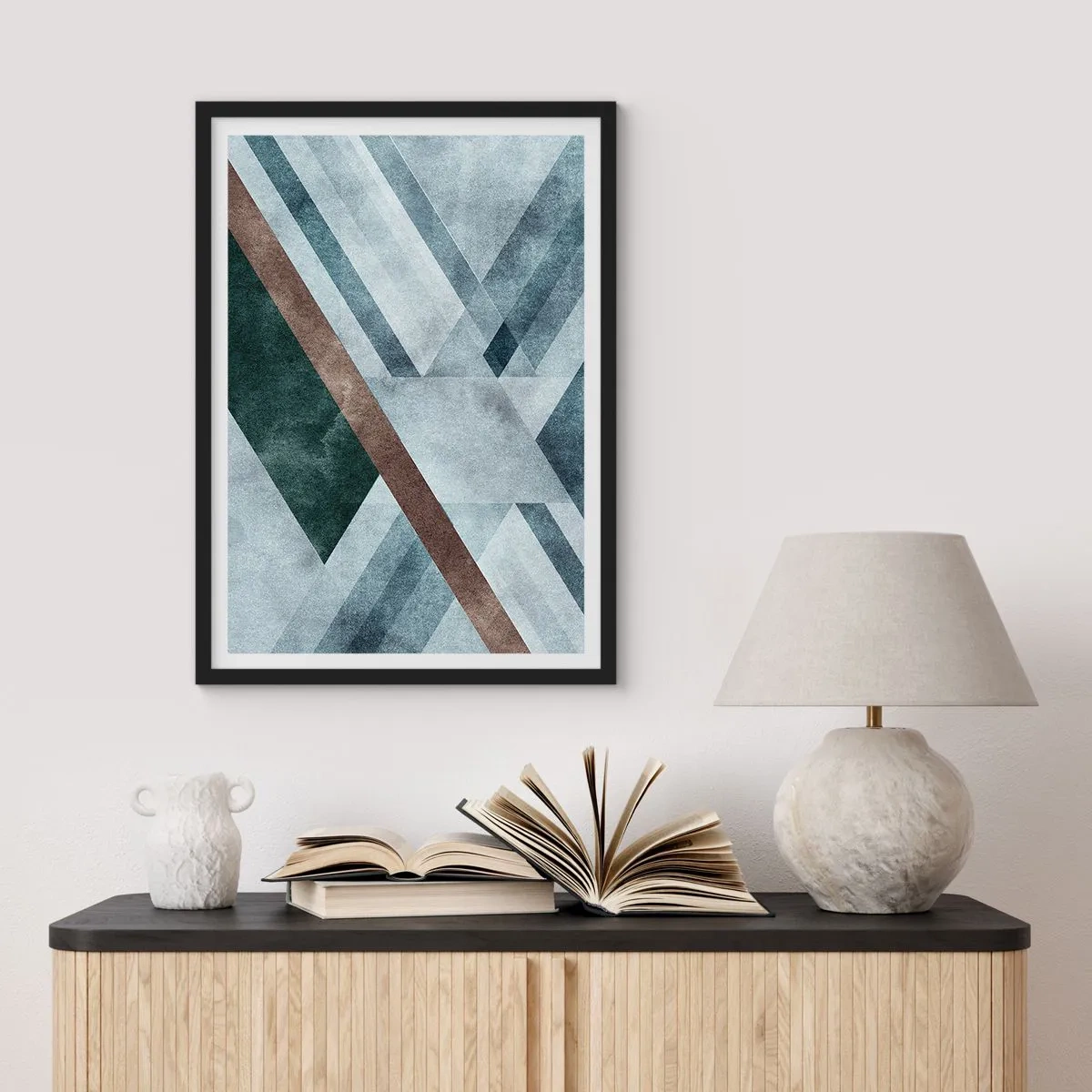 Plagát v čiernom ráme - Geometrická kompozícia v odtieňoch modrej a hnedej - 50x70cm - Sofistikovaná elegancia geometrie - Moderná nástenná dekorácia do obývacej izby a spálne ARTTOR