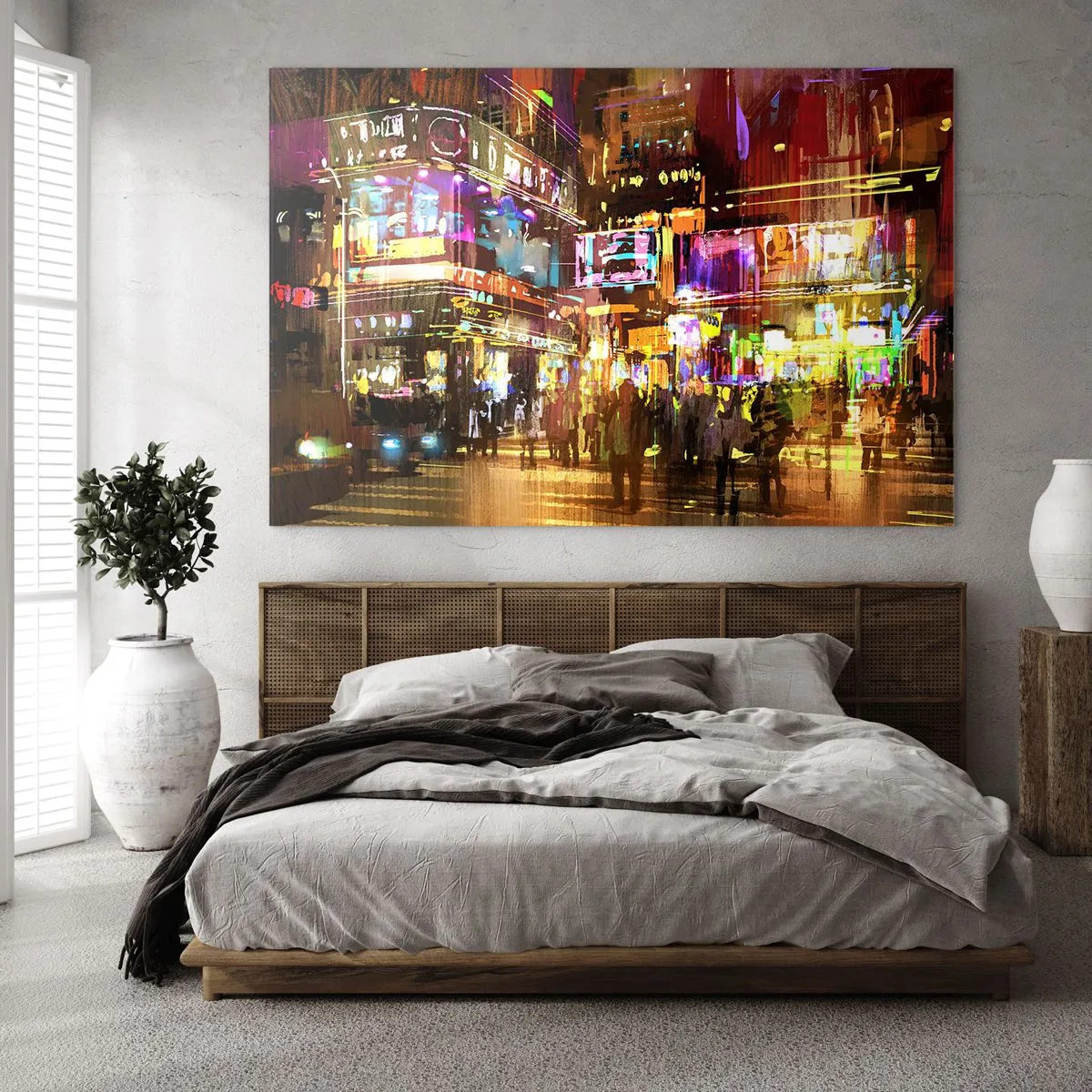 Obraz na skle - Žiarivé mesto v neónovom svetle - 70x50cm - V mori svetla - Moderná nástenná dekorácia do obývacej izby a spálne ARTTOR