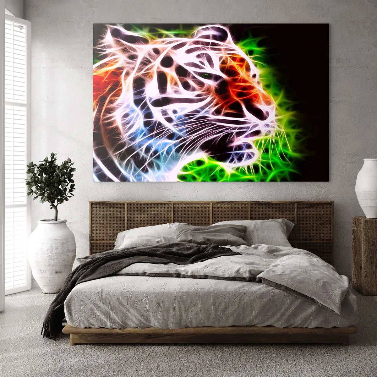 Obraz na skle - Tiger v neónových, žiarivých farbách - 70x50cm - Nebezpečná aura - Moderná nástenná dekorácia do obývacej izby a spálne ARTTOR