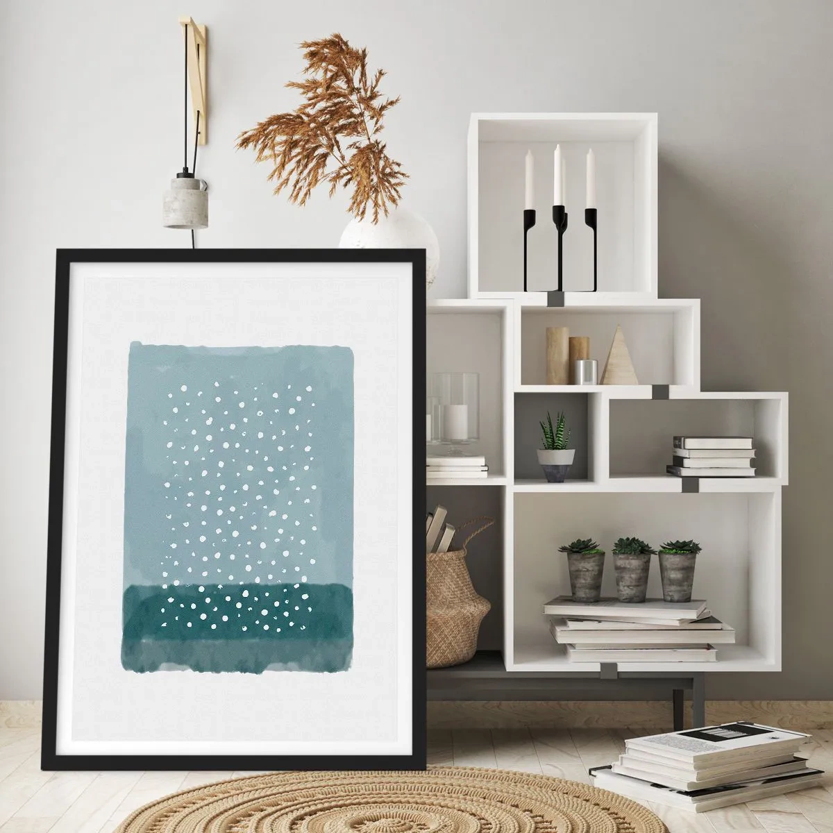 Plagát v čiernom ráme - Abstraktná kompozícia s bielymi bodkami na modrom pozadí. - 50x70cm - Pestované na modrej - Moderná nástenná dekorácia do obývacej izby a spálne ARTTOR