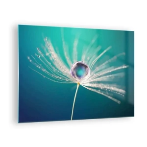 Obraz na skle - Makrofotografia semienka púpavy s kvapkou rosy na tyrkysovom pozadí - 70x50cm - Mystický okamih - Moderná nástenná dekorácia do obývacej izby a spálne ARTTOR