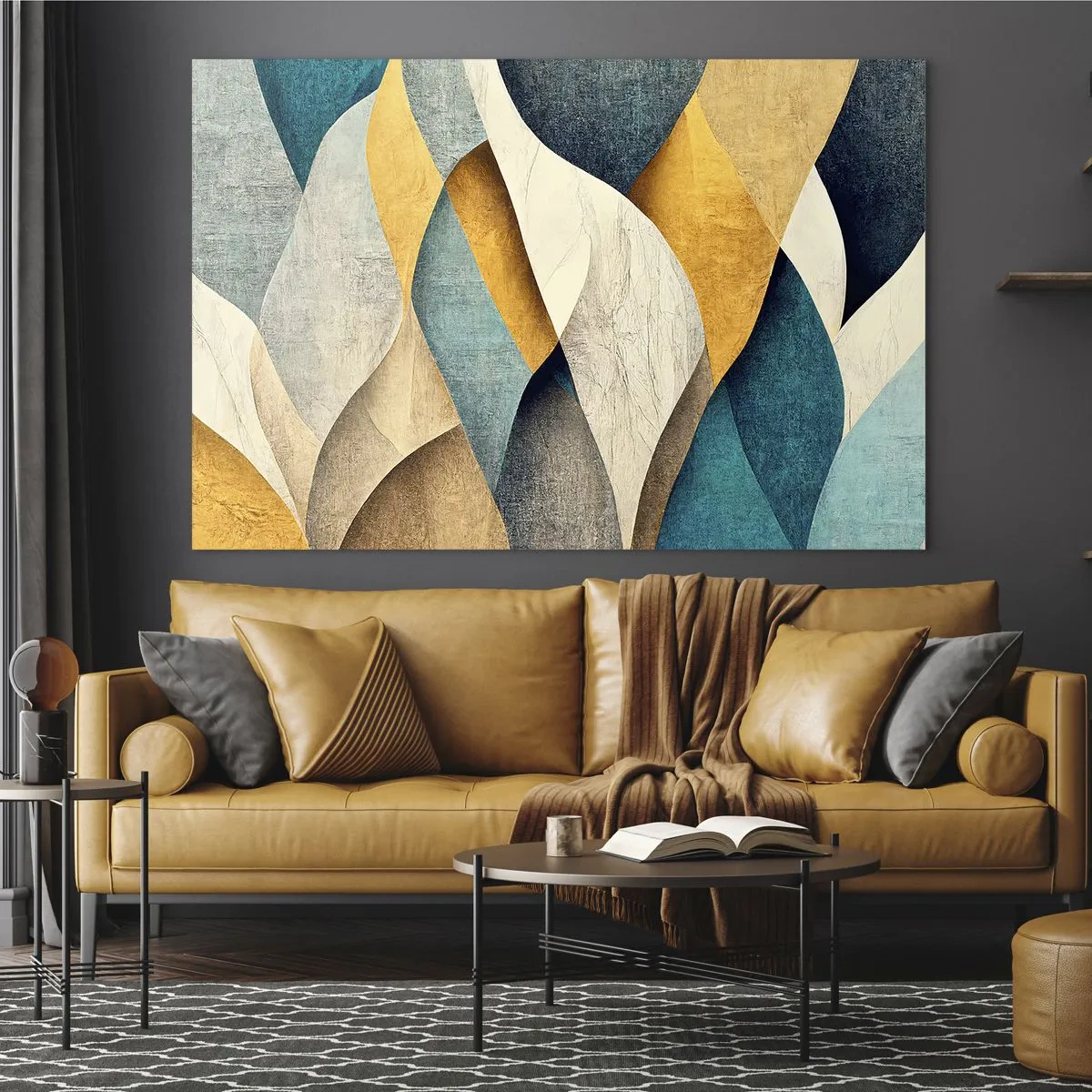 Obraz na skle - Abstraktné tvary v odtieňoch žltej a modrej - 70x50cm - Rytmus a vlnenie - Moderná nástenná dekorácia do obývacej izby a spálne ARTTOR