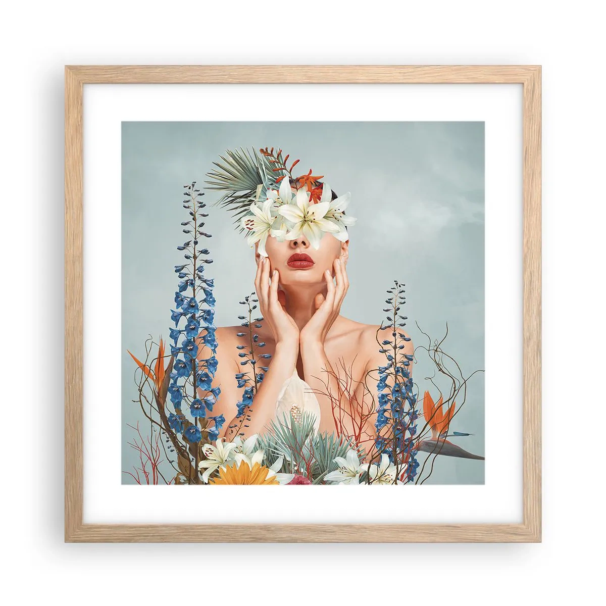 Plagát v ráme zo svetlého duba - Žena – kvetina - 40x40 cm