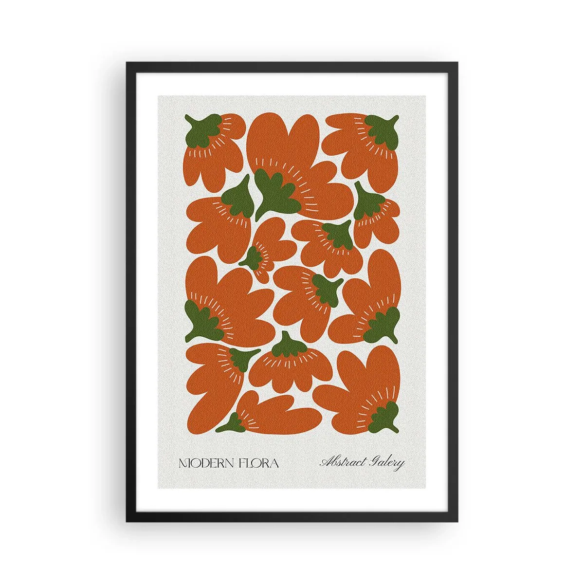 Plagát v čiernom ráme - Abstraktné oranžové kvety na svetlom pozadí - 50x70cm - Zo života kvetov - Moderná nástenná dekorácia do obývacej izby a spálne ARTTOR