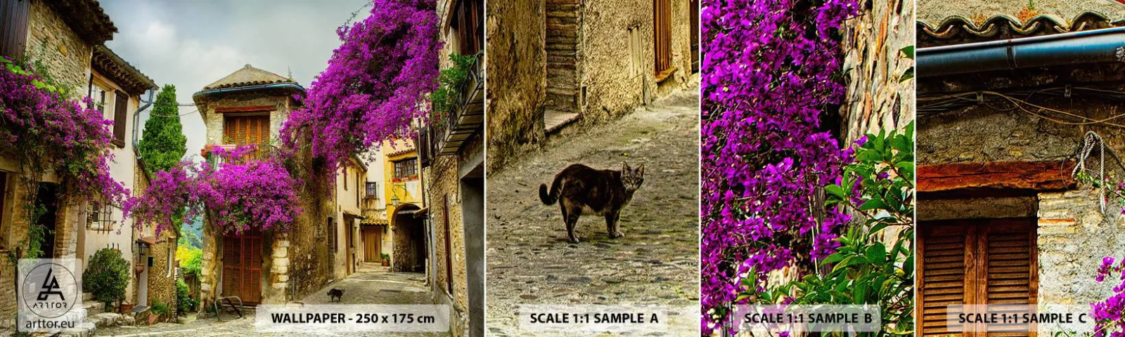 Vzorka samolepiacej fototapety Deluxe Sticker - Pod kvetinovým baldachýnom - Krajina, Architektúra, Mesto - 100x30 cm