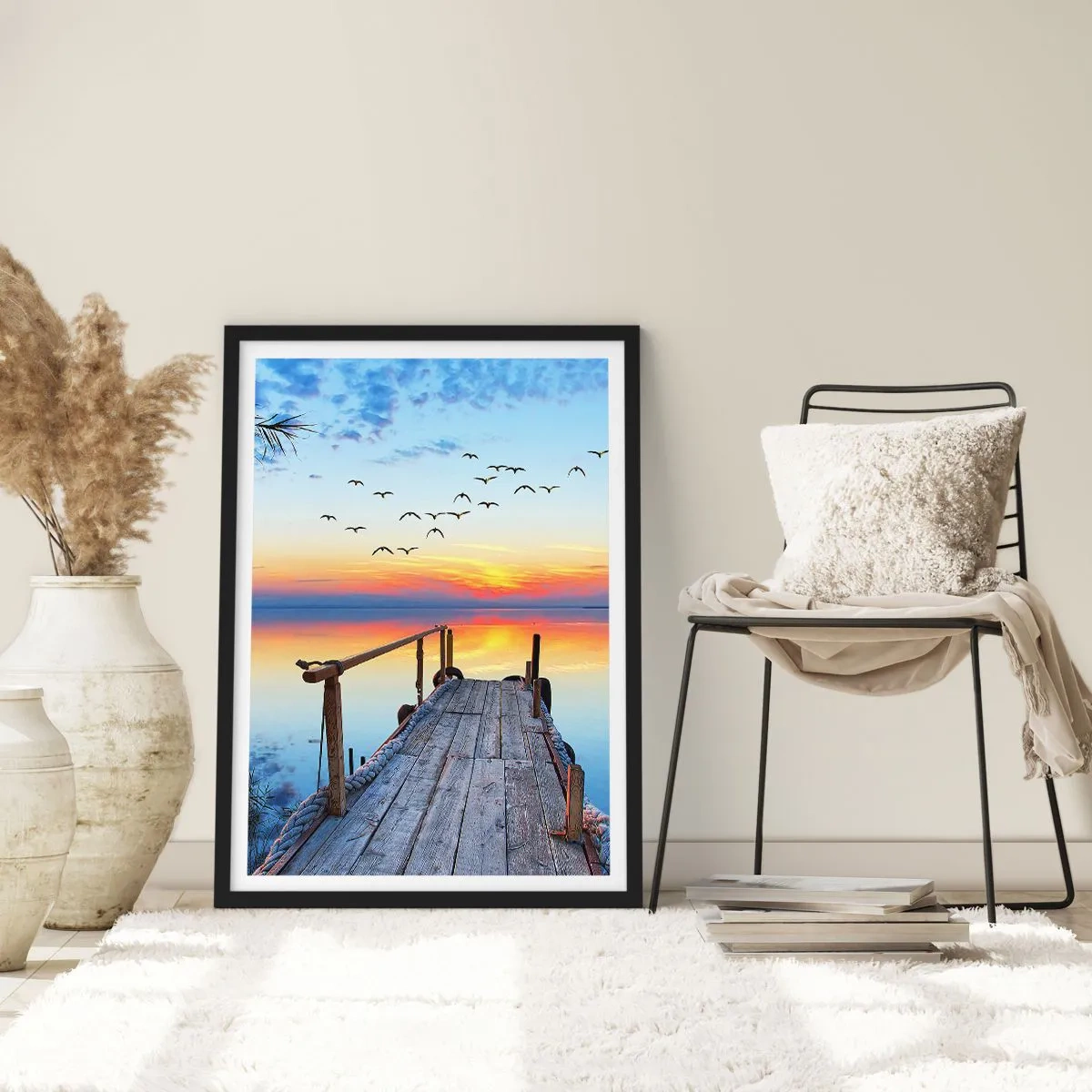 Plagát v čiernom ráme - Mólo pri jazere pri západe slnka - 50x70cm - Je čas isť späť… - Moderná nástenná dekorácia do obývacej izby a spálne ARTTOR