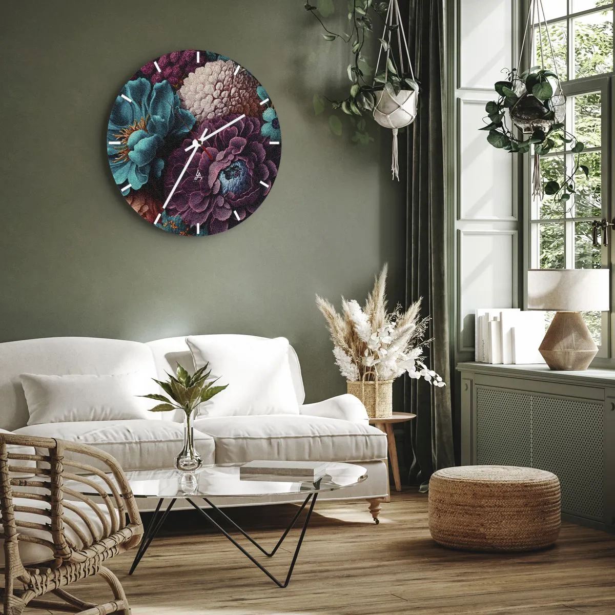 Nástenné hodiny - Bohatá kytica tmavých a tyrkysových kvetov s detailmi - 30x30cm - Úroda prírody - Moderná nástenná dekorácia do obývacej izby, kuchyne a spálne ARTTOR