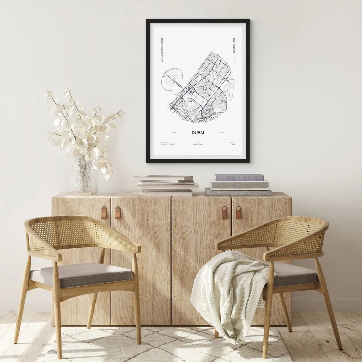 Plagát v čiernom ráme - Minimalistická čiernobiela mapa Dubaja - 50x70cm - Anatómia Dubaja - Moderná nástenná dekorácia do obývacej izby a spálne ARTTOR