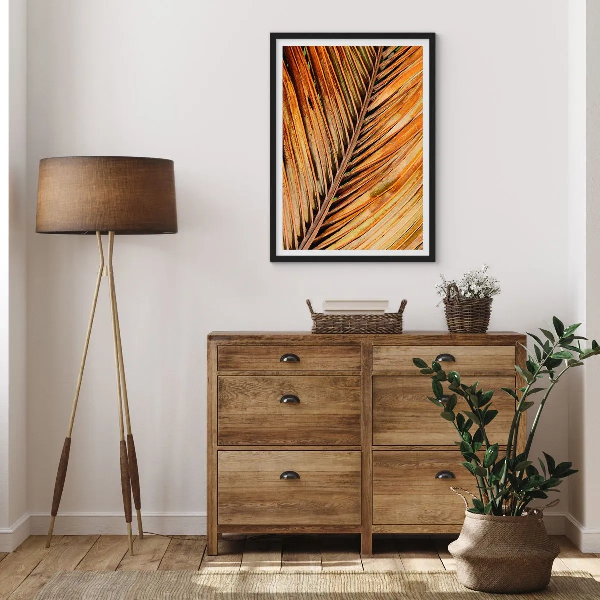 Plagát v čiernom ráme - Detail suchého listu v odtieňoch hnedej a zlatej. - 50x70cm - Kokosové zlato - Moderná nástenná dekorácia do obývacej izby a spálne ARTTOR