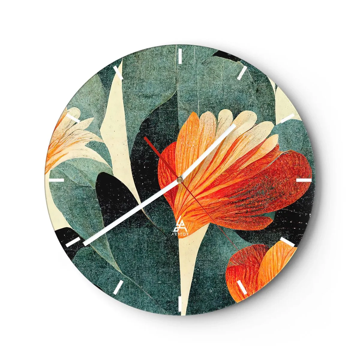 Nástenné hodiny - Červenooranžové kvety proti tmavozeleným listom - 30x30cm - Tropické horúco a chlad zelene - Moderná nástenná dekorácia do obývacej izby, kuchyne a spálne ARTTOR