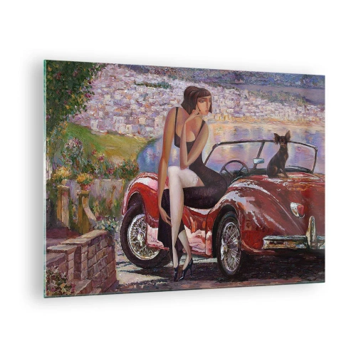 Obraz na skle - Žena a pes pri červenom aute s krajinou v pozadí. - 70x50cm - Leto? Len na Riviére - Moderná nástenná dekorácia do obývacej izby a spálne ARTTOR