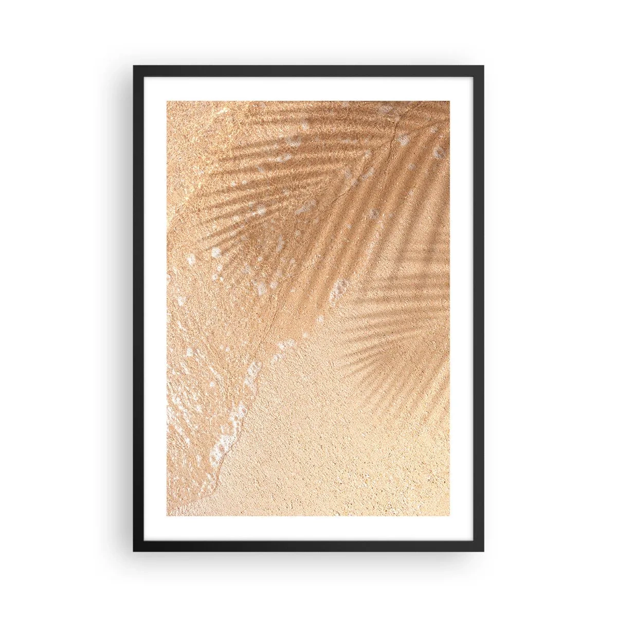 Plagát v čiernom ráme - Tieň palmových listov na zlatom piesku pláže - 50x70cm - Tieň horúceho leta - Moderná nástenná dekorácia do obývacej izby a spálne ARTTOR